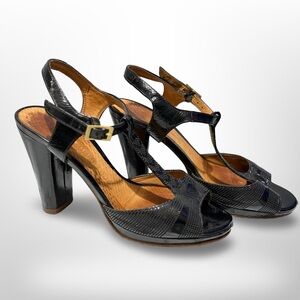 Chie Mihara Black Leather Retro Peep-Toe Heels Size 36.5-37/6-6.5 Made In Spain